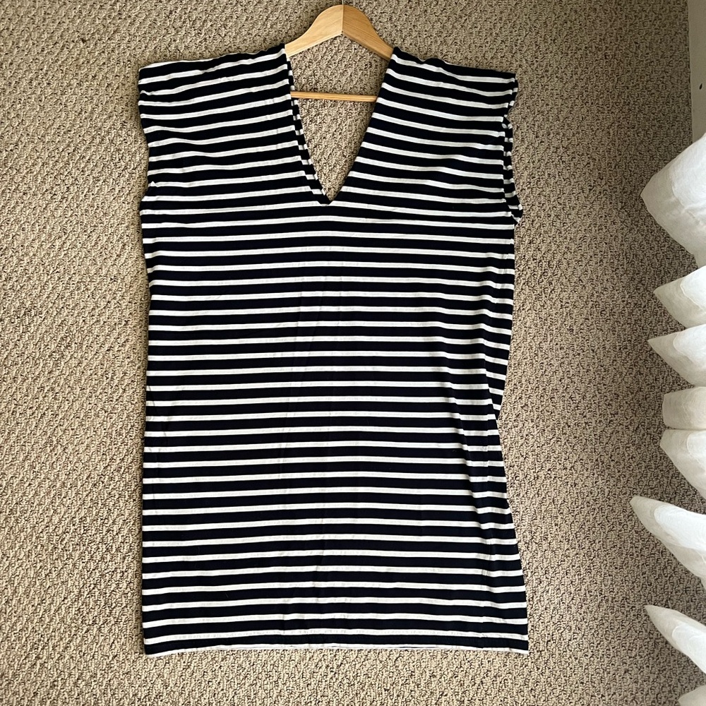 Navy and White Striped Jersey Shift Dress Made in France OS